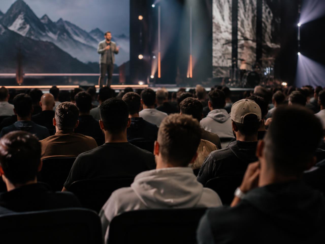 Young men listening to a speaker in an auditorium